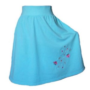 Turquoise Jersey Knit Skirt Butterfly Embroidery with a Rolled Waistband